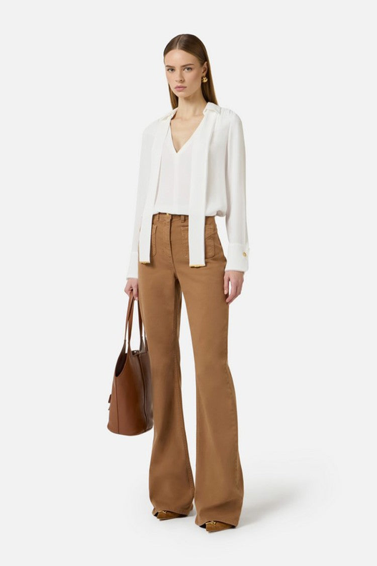 Elisabetta Franchi Ivory Sash-Tie V-Neck Gold Cuff Buttons Viscose Blouse