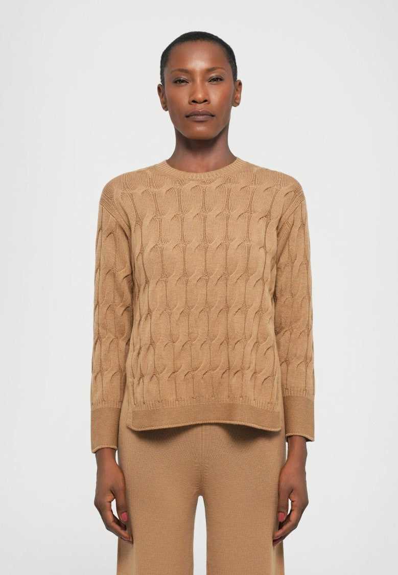 Max Mara Iconic Cable Knit Sweater In Warm Camel Brown