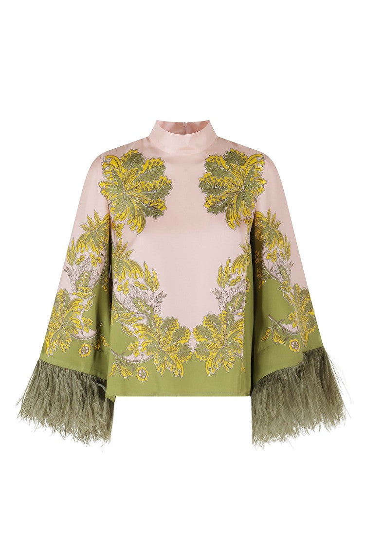 La Double J Swathe Placèe Blouse With Feather-Adorned Sleeves And Asymmetrical Hem