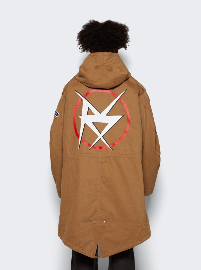 Fred Perry X Raf Simons Embroidered Patchwork Brown Parka With Drawstring Details