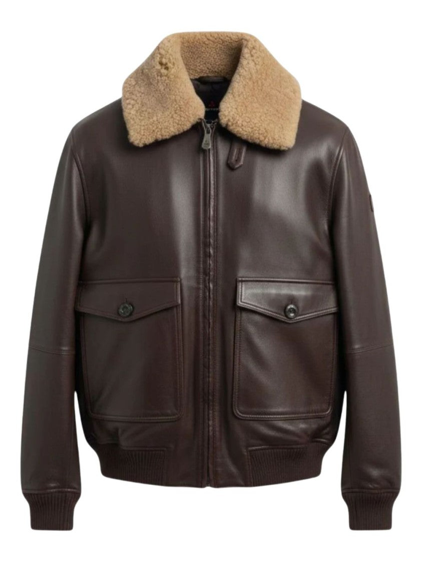 Peuterey Brown Leather Jacket With Shearling Collar And Ribbed Details
