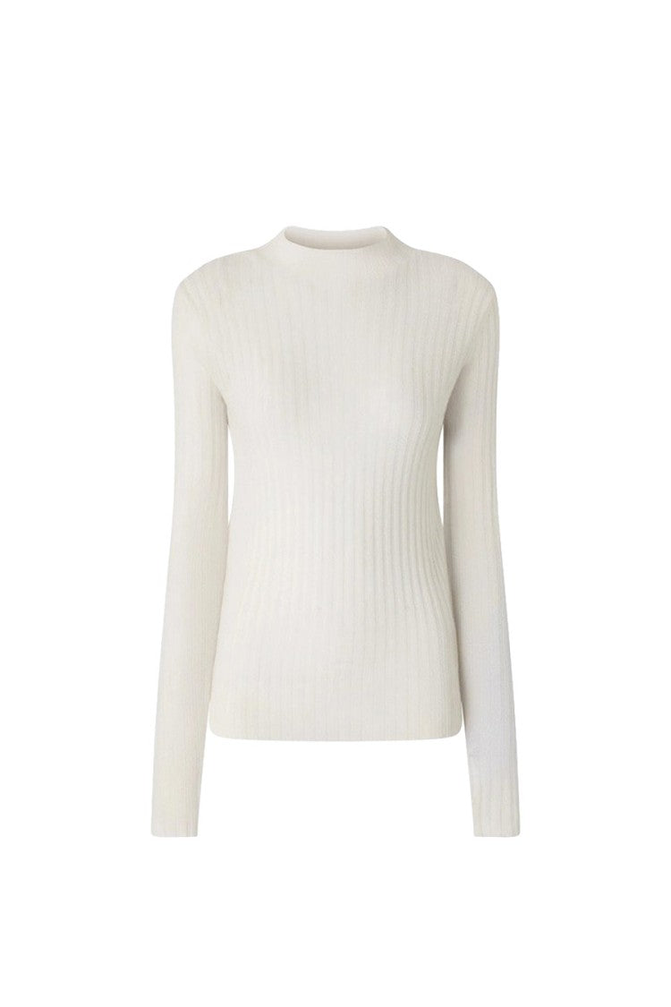 Pinko White Wool Ribbed Mock-Neck Sweater