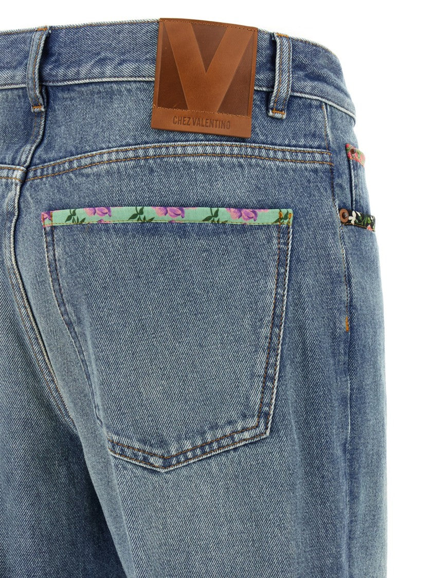 Valentino Garavani Medium Blue Floral Piped Jeans With Relaxed Fit