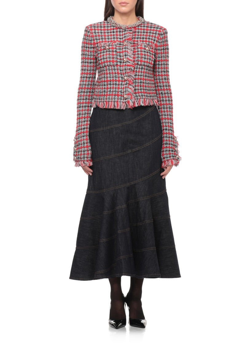 Self-Portrait Vibrant Checkered Jacket With Fringed Edges And Jeweled Accents