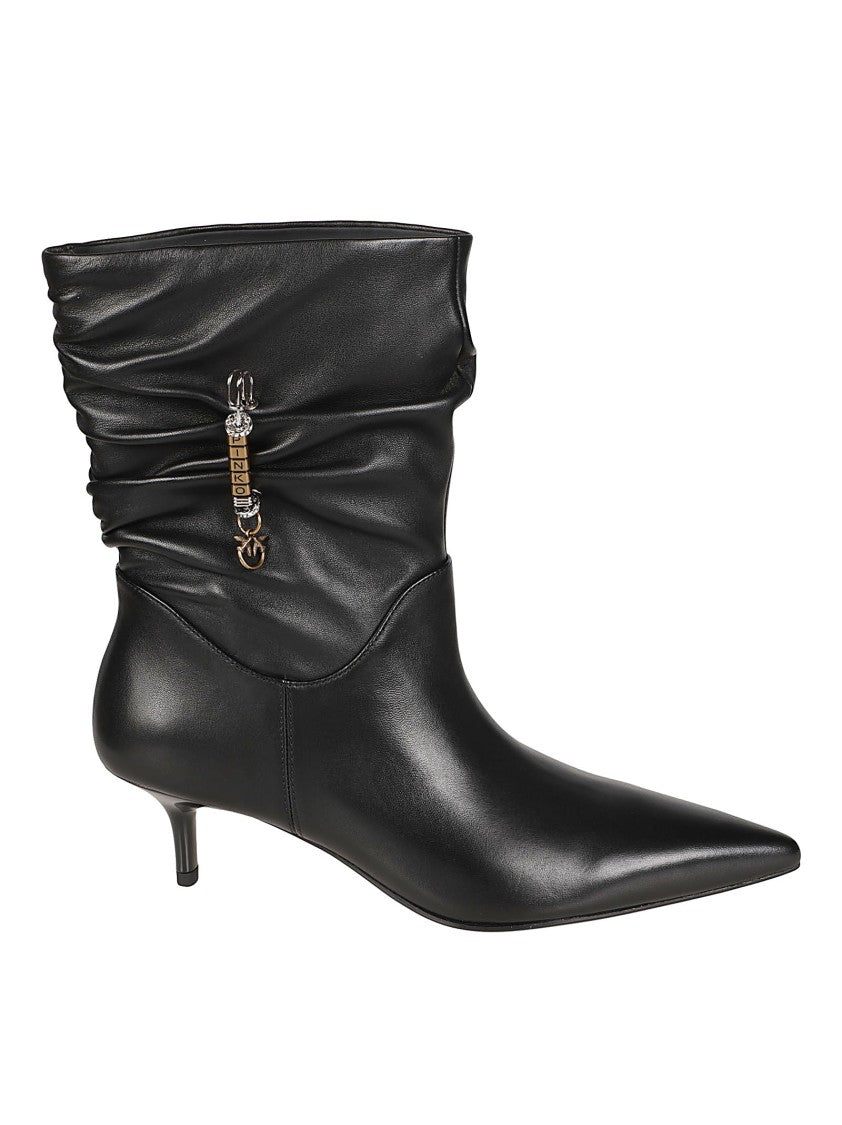 Pinko Pointed Toe Ankle Boots With Ruched Upper And Metallic Charm