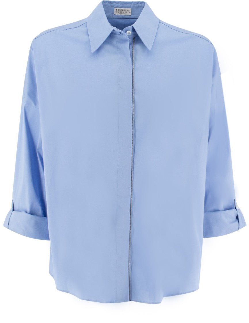 Brunello Cucinelli Stretch Cotton Poplin Shirt With Jewel Embroidery