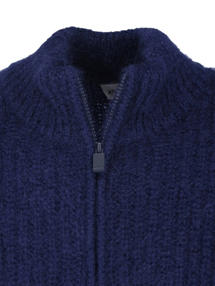 Aspesi Deep Blue Wool-Mohair Half-Zip Knit Sweater