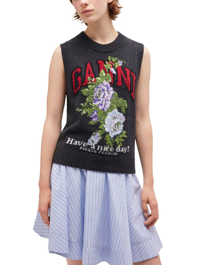 Ganni Dark Charcoal Wool Blend Floral Graphic Vest