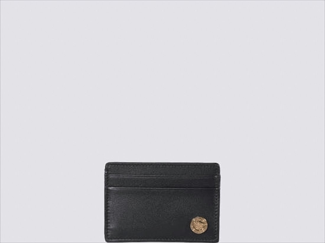 Versace Sleek Black Leather Card Wallet With Gold Emblem