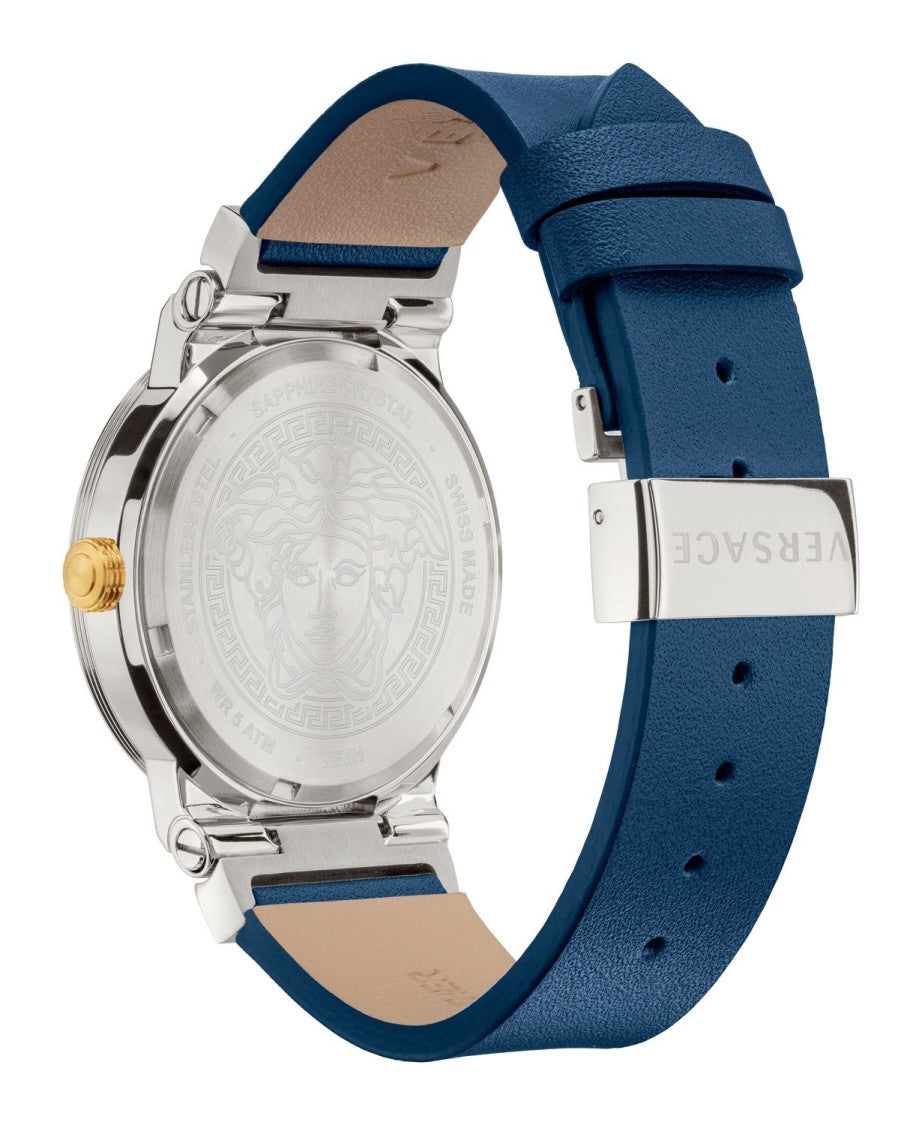 Versace Greca Logo 38Mm Stainless Steel Watch With Blue Dial And Leather Strap