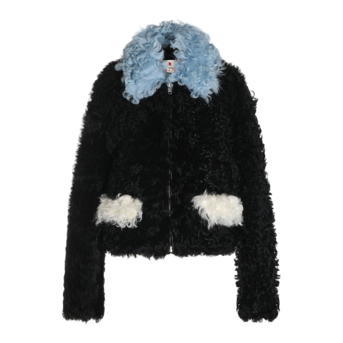 Marni Textured Black Cropped Jacket With Light Blue Curly Collar
