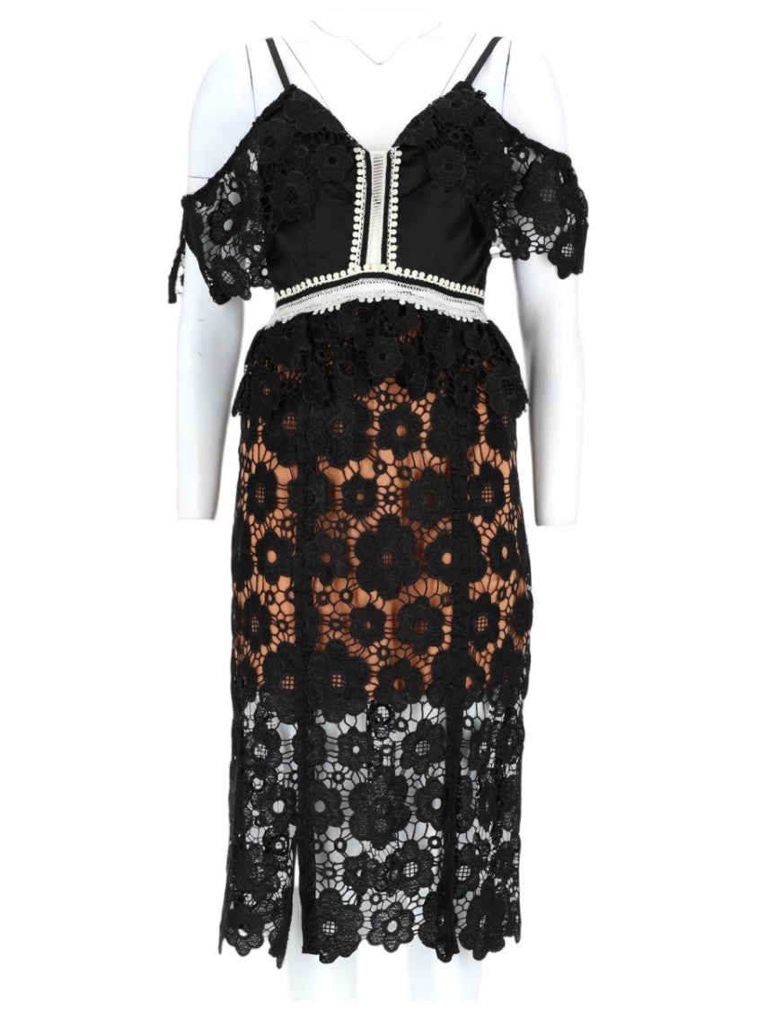 Nj Couture Black Floral Lace Midi Dress With Off-The-Shoulder Sleeves