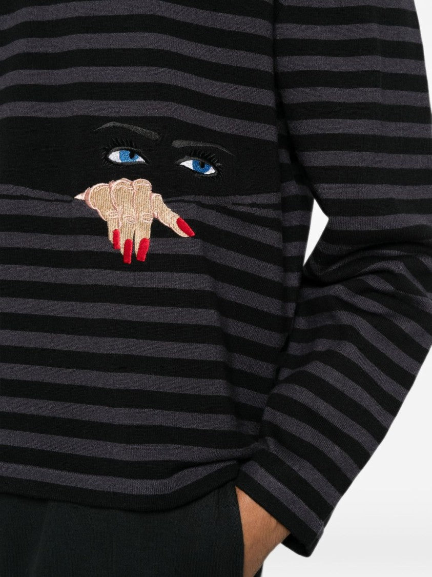 House Of Errors Horizontal Stripe Knit Sweater With Unique Embroidery