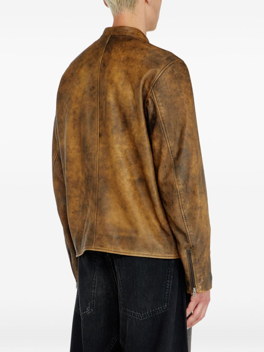 Diesel Distressed Brown Leather Jacket With Structured Fit