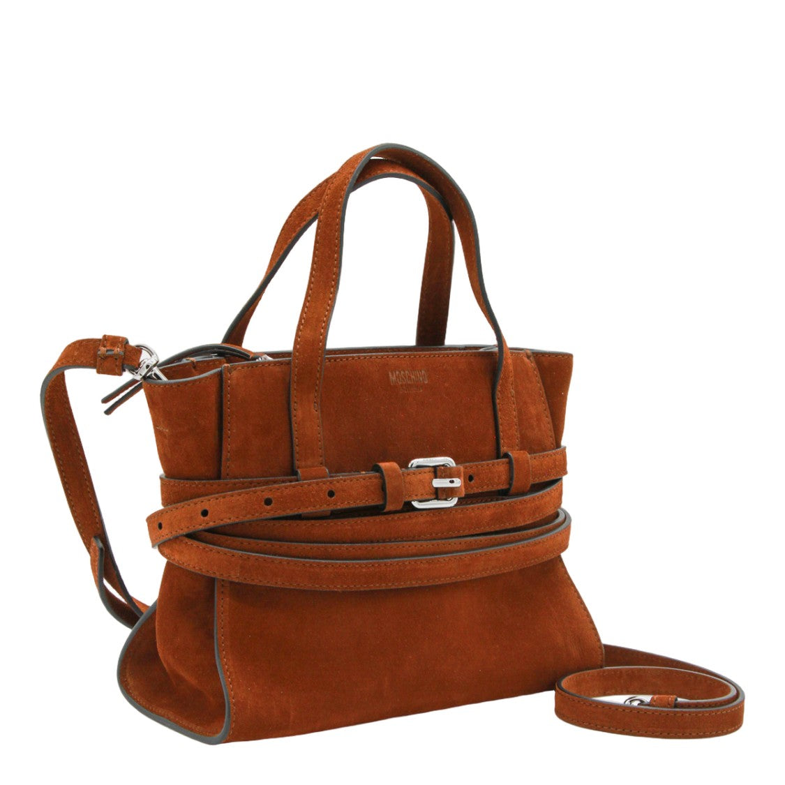 Moschino Structured Suede Handbag With Decorative Belt Accent