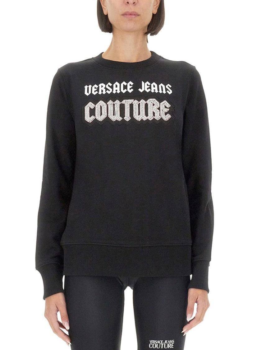 Versace Jeans Couture Crew Neck Black Sweatshirt With Bold Logo
