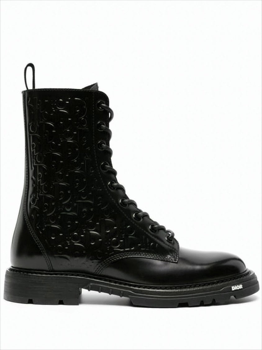Christian Dior Black Leather Lace-Up Boots With Embossed Detailing