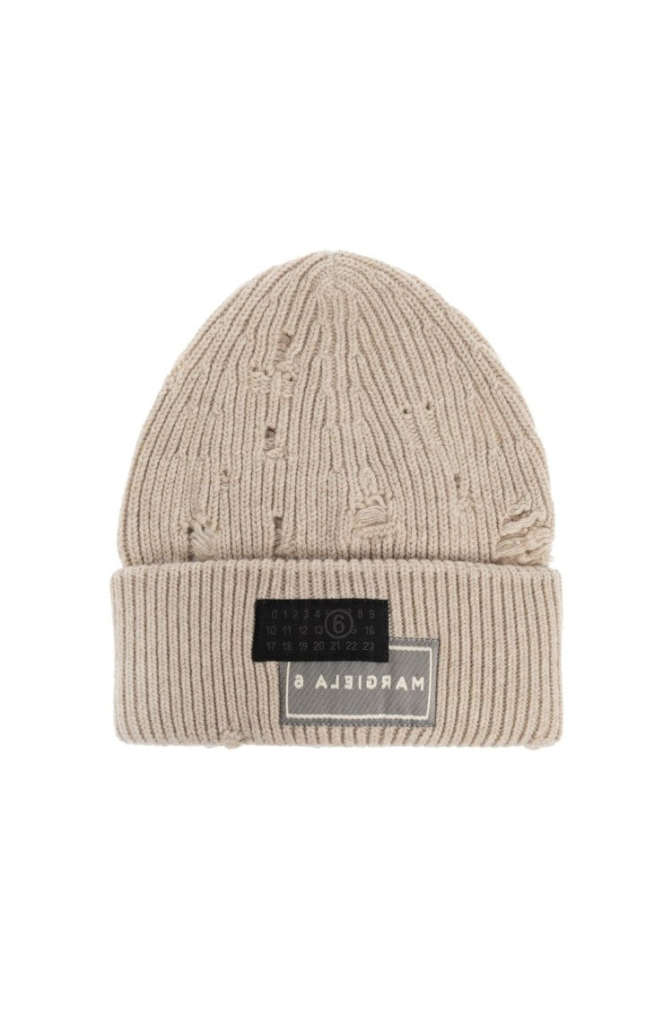 Mm6 By Maison Margiela Ribbed Knit Beanie With Folded Cuff And Decorative Patches