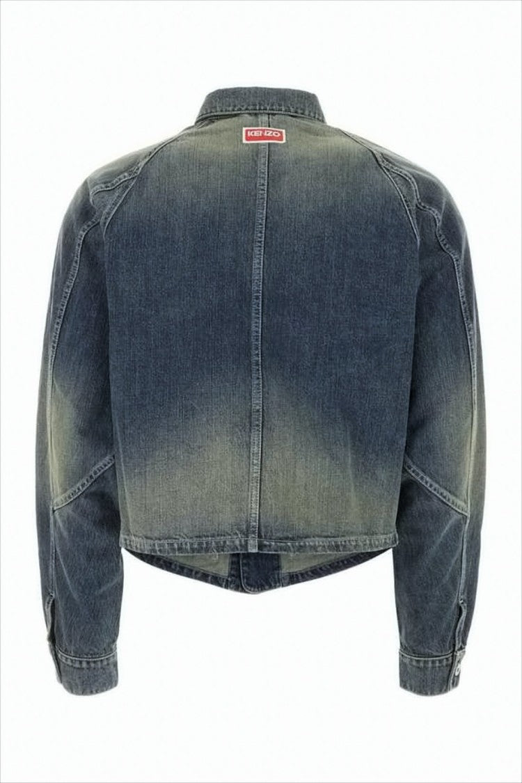 Kenzo Faded Wash Denim Jacket With Distressing And Embroidered Branding