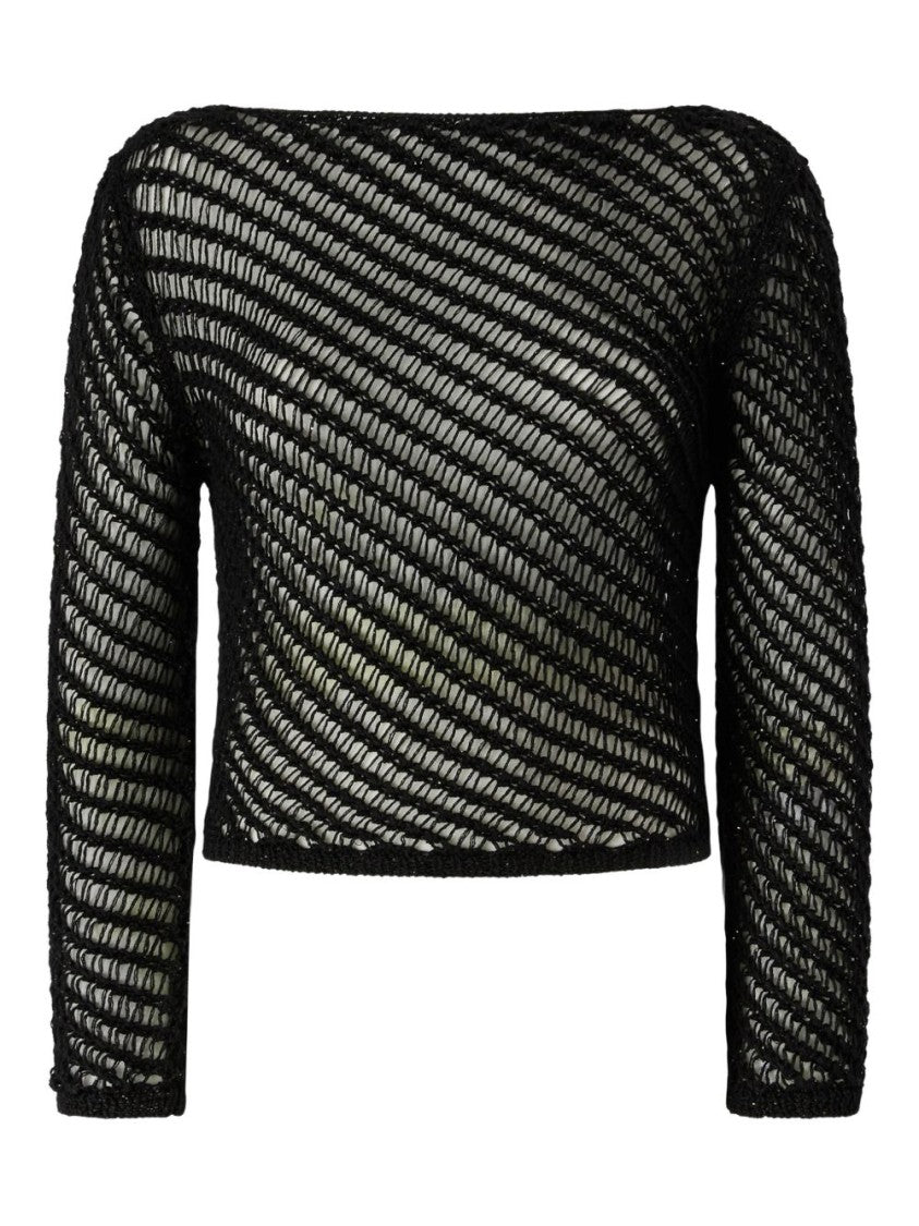 Pinko Cropped Black Sweater With Open-Knit Diagonal Stripes