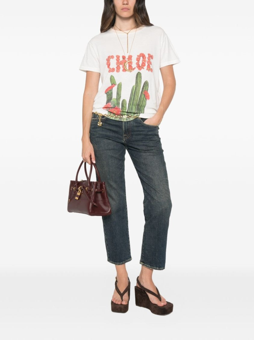 Chloé White Cotton T-Shirt With Cactus Graphic And Floral Branding