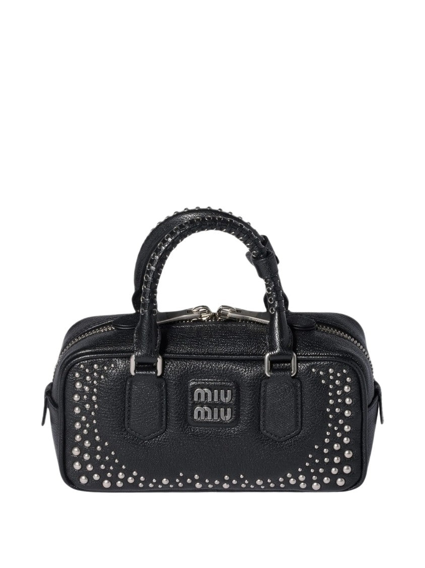 Miu Miu Textured Black Goat Skin Shoulder Bag With Shiny Metal Studs
