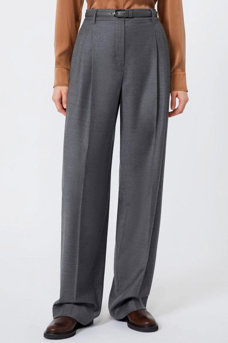 Max Mara Grey Mstlago Pleated Belted Wide-Leg Virgin Wool Pants