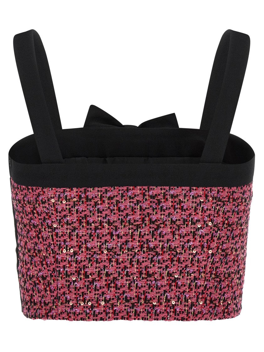 Alessandra Rich Wool Blend Tweed Top With Micro-Sequin Embroidery And Bow Detail