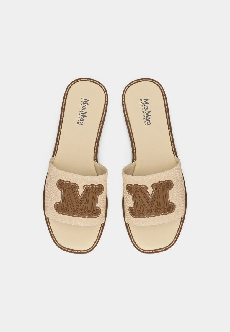 Max Mara Beige Textured Slide Sandals With Embroidered Emblem