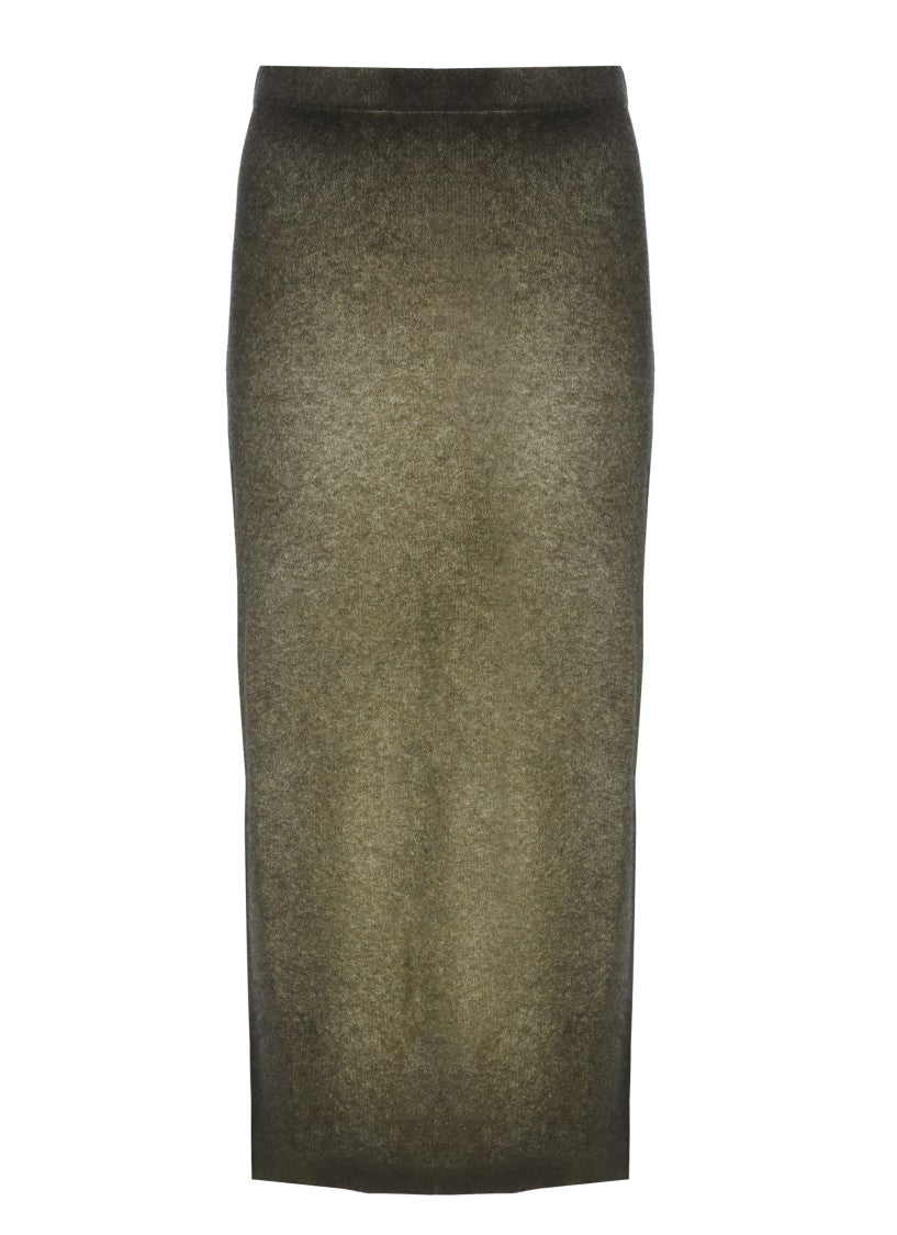 Avant Toi Green Melange Midi Skirt With Back Slit And Elastic Waistband