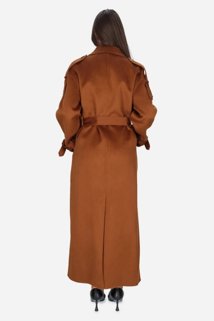 Elisabetta Franchi Cognac Double-Breasted Belted Wool Trench Coat