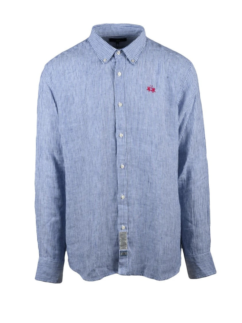 La Martina White Blue Linen Striped Shirt