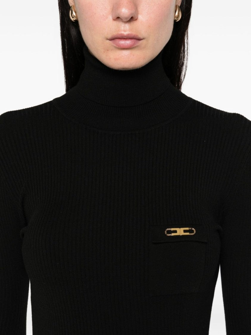 Elisabetta Franchi Form-Fitting Black Midi Dress With Turtleneck