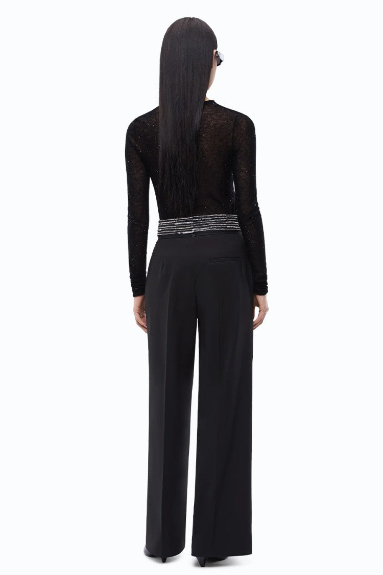 Pinko Black Embellished Waistband Wide-Leg Viscose Pants