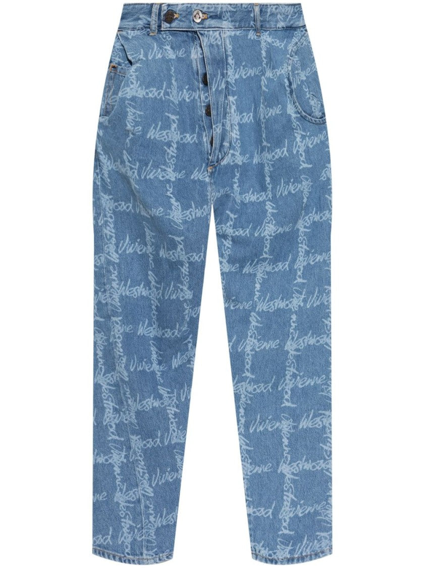Vivienne Westwood Relaxed Fit Cornflower Blue Jeans With All-Over Logo Print