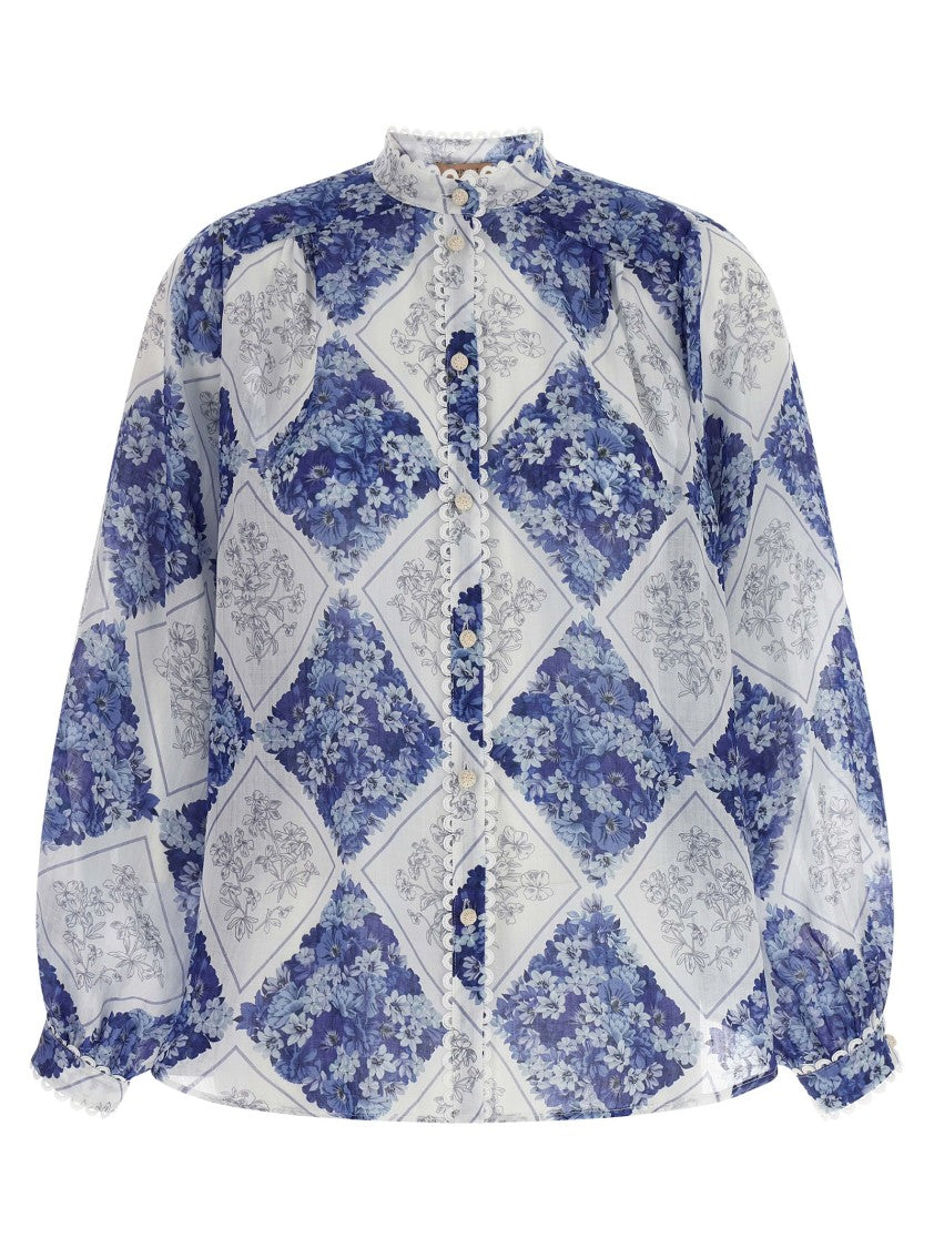 Twin-Set Floral Print Ramie Shirt With Balloon Sleeves And Mandarin Collar