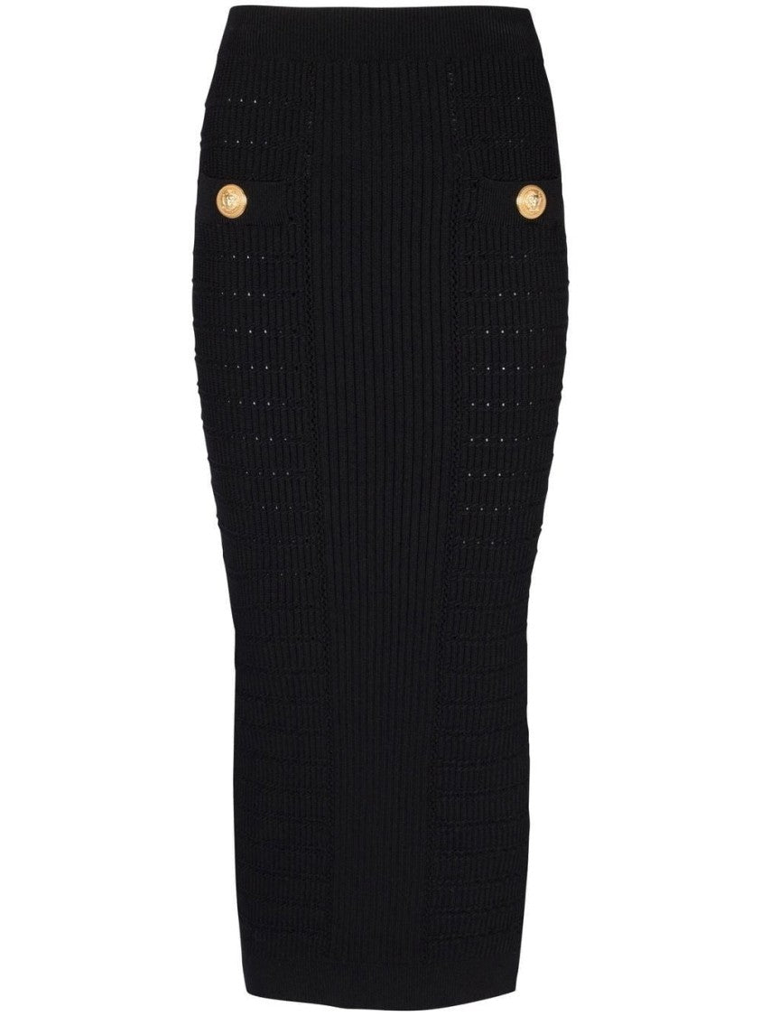Balmain Textured Knit Midi Skirt With Decorative Gold Buttons