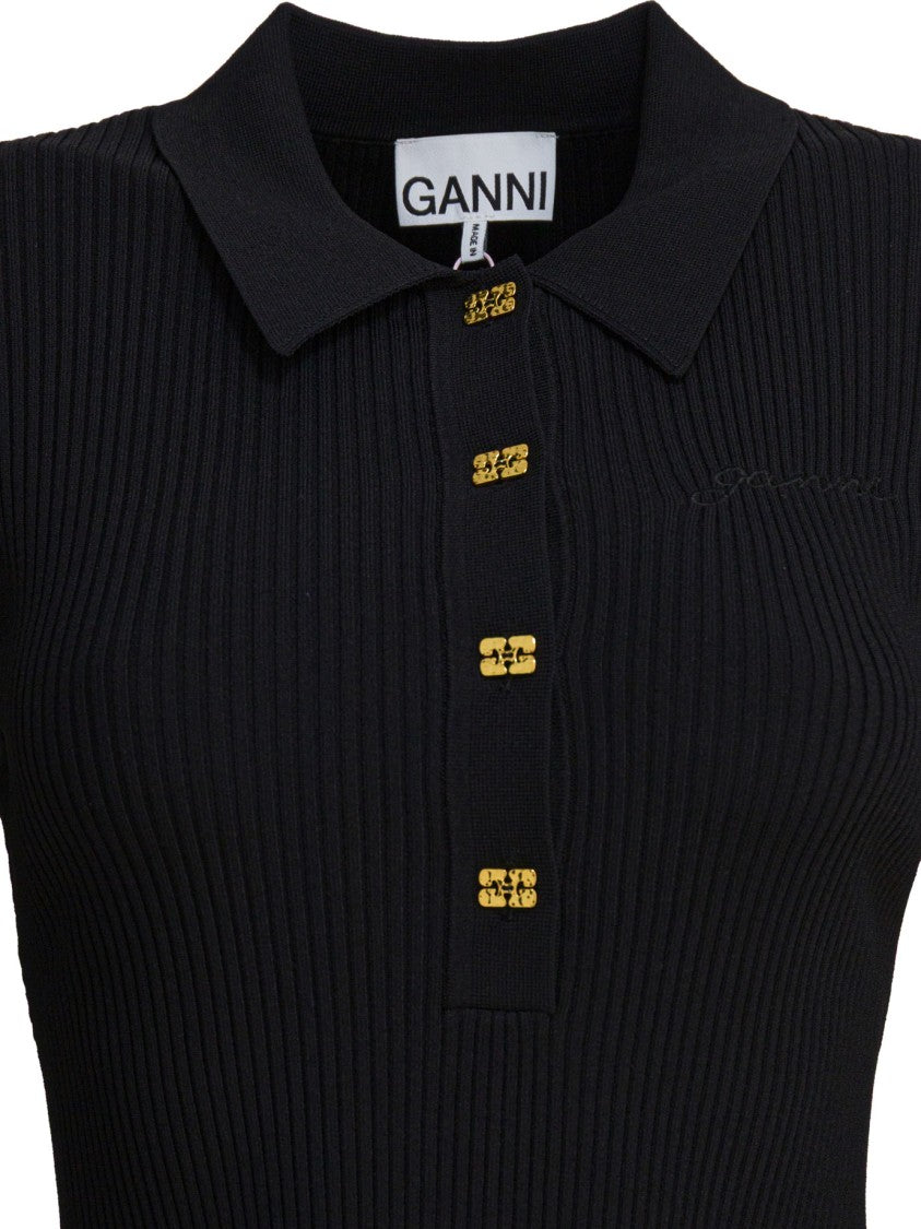 Ganni Black Flared Dress With Ribbed Details