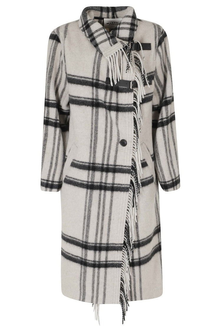 Isabel Marant Étoile Ecru/Black Checkered Wool-Blend Long Coat