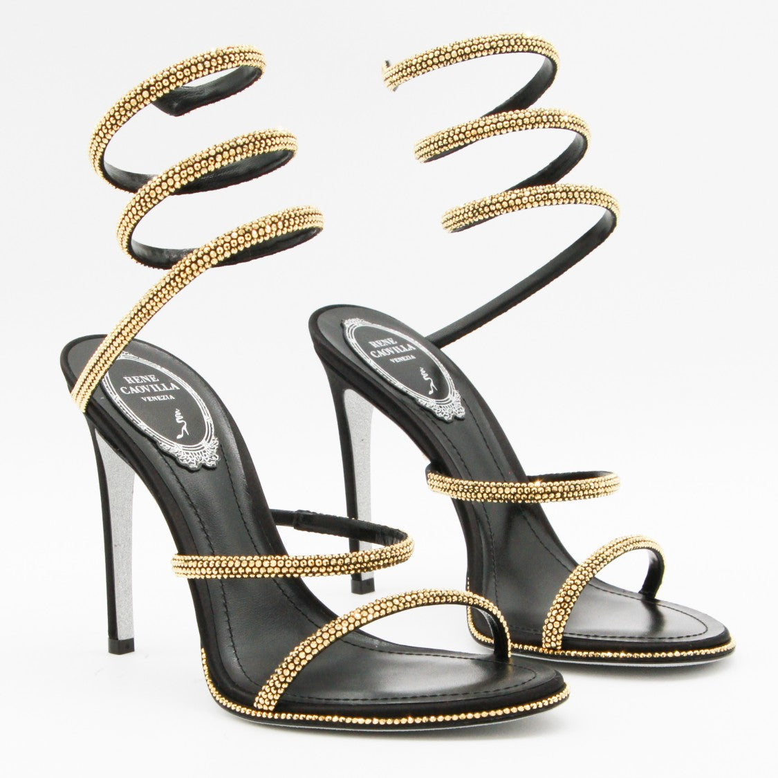René Caovilla High-Heeled Black Sandals With Gold-Tone Studded Ankle Strap