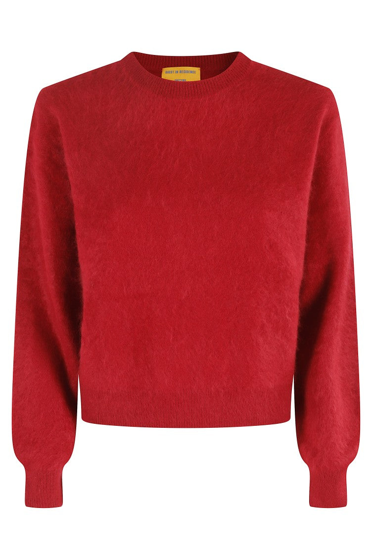 Guest In Residence Rich Red Cashmere Crew Sweater With Ribbed Detailing