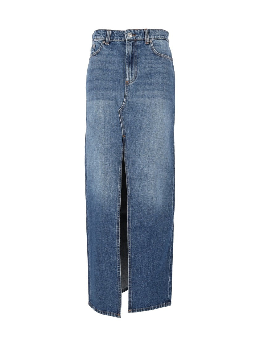 7 For All Mankind Dark Grey Darkwind Denim Front-Slit Maxi Skirt