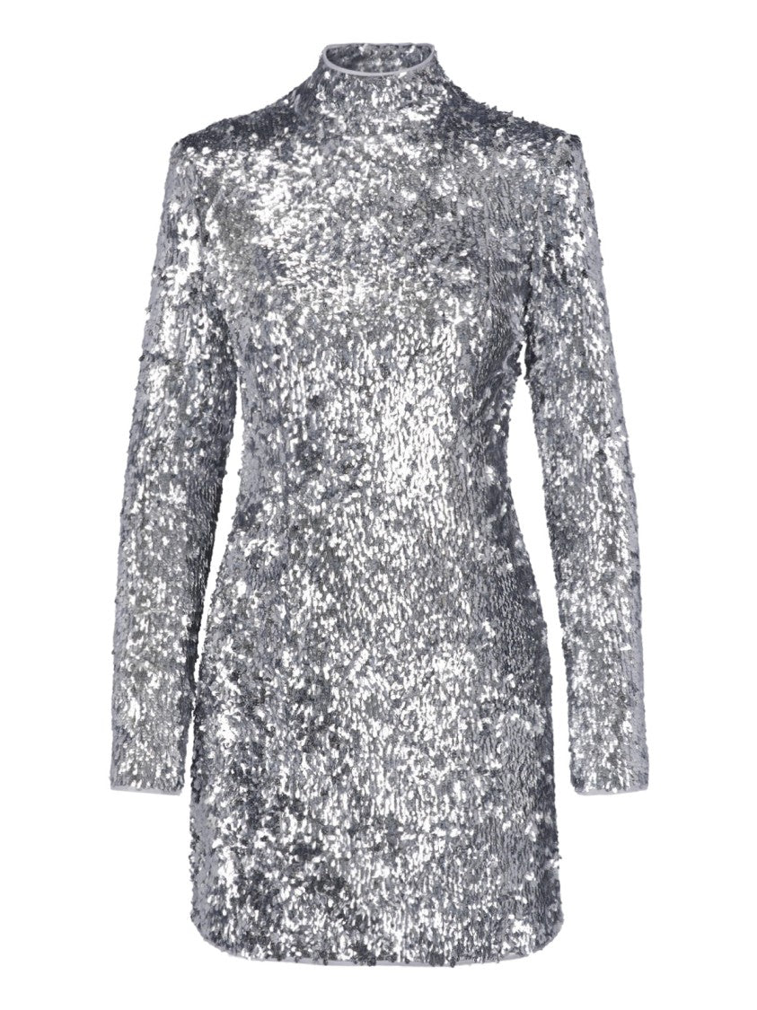 Balmain High Neck Mini Dress Adorned With Silver Sequins