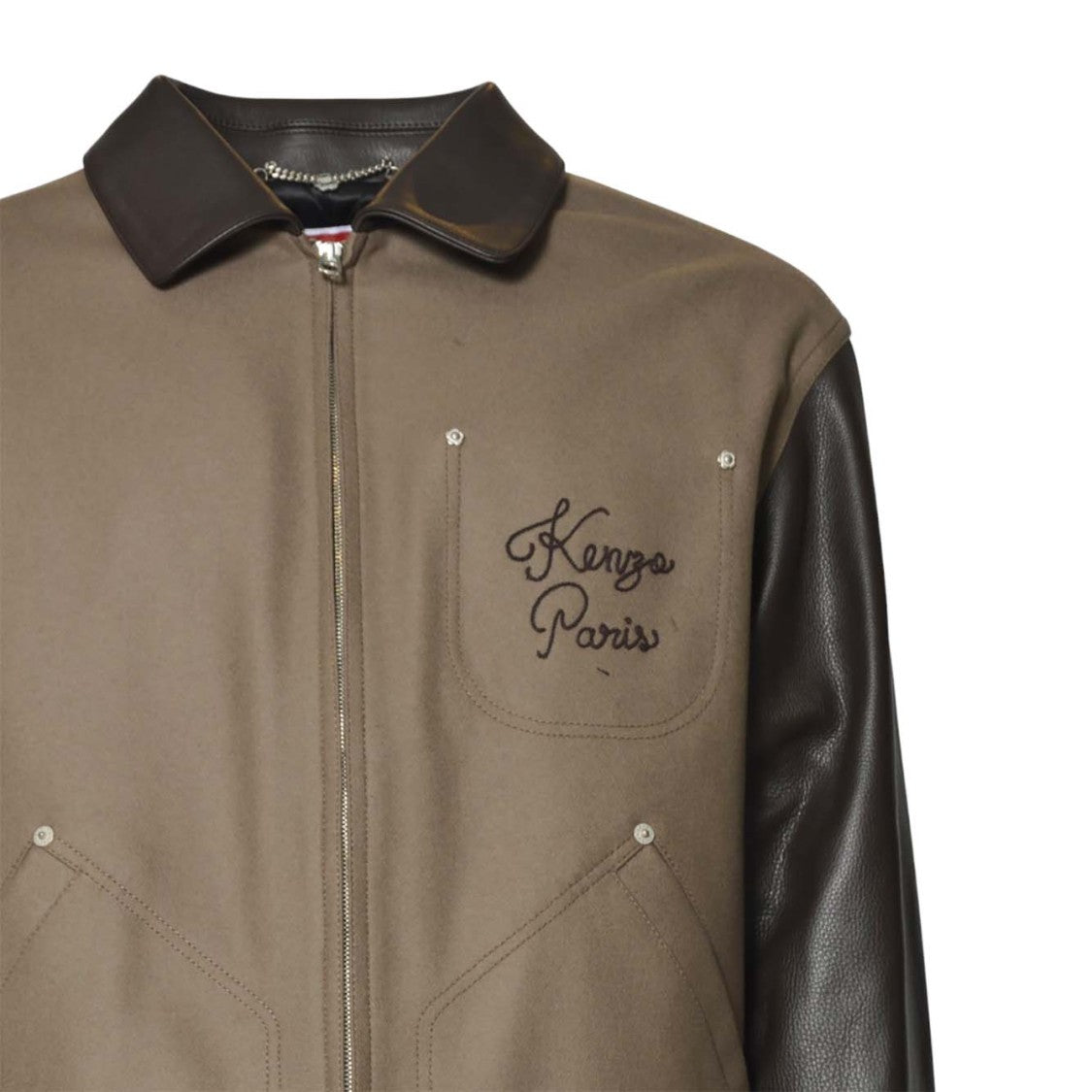 Kenzo Brown Wool Blouson With Leather Sleeves And Embroidered Detailing