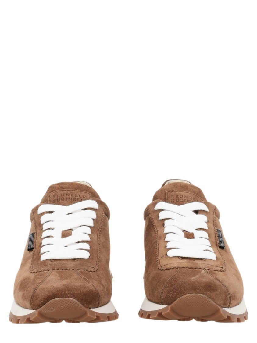 Brunello Cucinelli Suede Leather Sneakers With White Accents And Textured Outsole