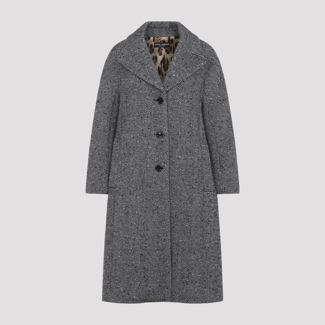 Dolce & Gabbana Herringbone Grey Wool Coat With Animalier Lining