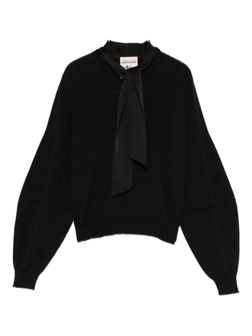 Semi Couture Relaxed Fit Black Sweater With Nektie Detail