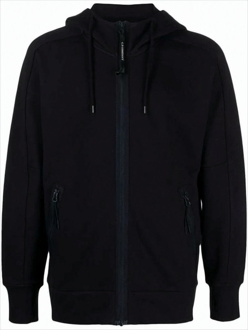 C.P. Company Black Zip-Up Hooded Jacket With Relaxed Fit And Zip Pockets