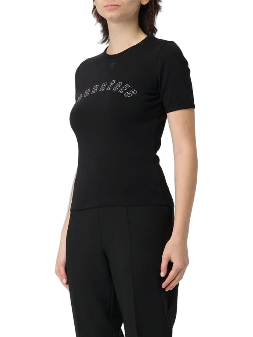 Courrèges Fitted Black T-Shirt With Curved Logo Detail