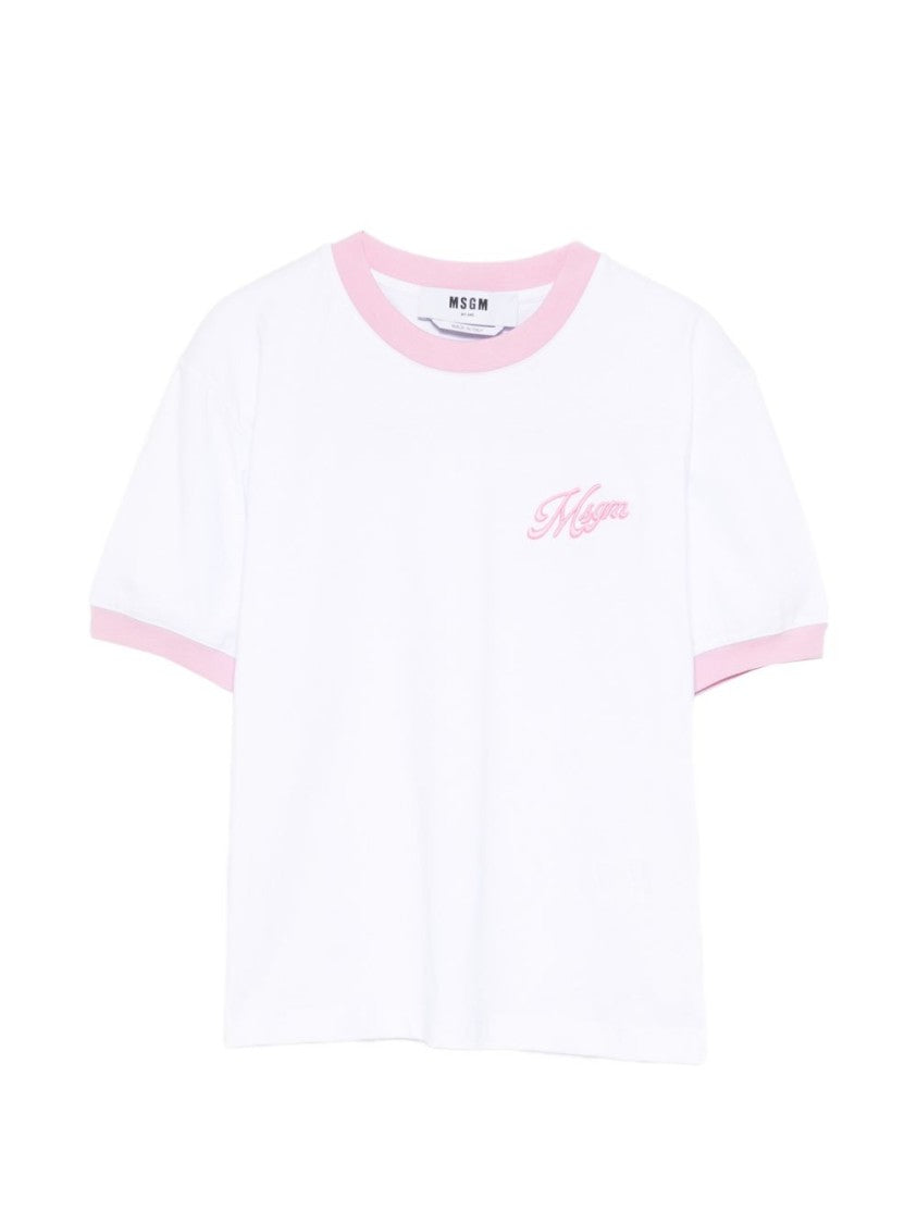 Msgm Crew Neck T-Shirt With Subtle Embroidery And Ribbed Cuffs